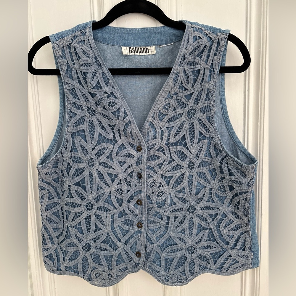 Vintage Lace Denim Galliano Vest With Adjustable Back